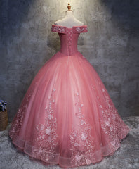 Prom Dress 2031, Pink Tulle Lace Off Shoulder Long Prom Dress Pink Tulle Evening Dress