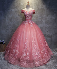 Prom Dresses Open Back, Pink Tulle Lace Off Shoulder Long Prom Dress Pink Tulle Evening Dress