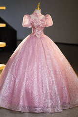 Bridesmaide Dresses Fall, Pink Tulle Lace Princess Dress, A-Line Evening Dress Sweet 16 Dress