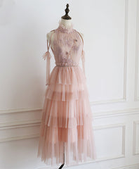 Prom Dresses Long Elegant, Pink Tulle Lace Prom Dress, Tulle Lace Homecoming Dress