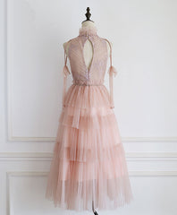 Prom Dress Long Elegent, Pink Tulle Lace Prom Dress, Tulle Lace Homecoming Dress