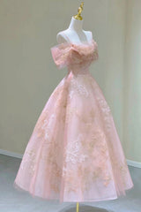 Homecoming Dresses Blues, Pink Tulle Lace Short A-Line Prom Dress, Cute Off the Shoulder Party Dress