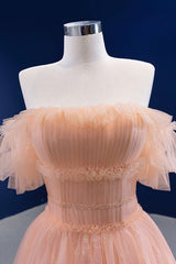 Party Dress Spring, Pink Tulle Lace Strapless Prom Dress,  Pink A-Line Evening Party Dress