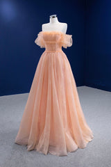 Party Dresses Vintage, Pink Tulle Lace Strapless Prom Dress,  Pink A-Line Evening Party Dress