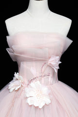 Evening Dresses Velvet, Pink Tulle Long A-Line Ball Gown, Pink Strapless Princess Sweet 16 Dress