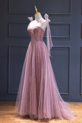 Party Dresses Teen, Pink Tulle Long A-Line Prom Dress, Pink Evening Dress with Corset