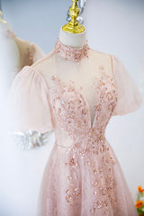 Pink Dress, Pink Tulle Long A-Line Prom Dress, Pink Short Sleeve Evening Party Dress