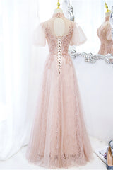 Prom Dresses White And Gold, Pink Tulle Long A-Line Prom Dress, Pink Short Sleeve Evening Party Dress