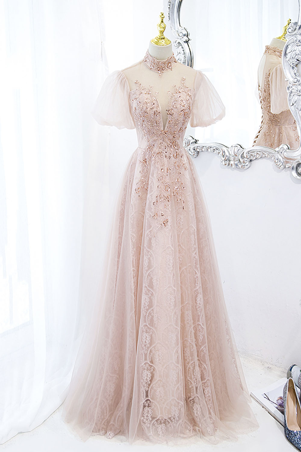 Prom, Pink Tulle Long A-Line Prom Dress, Pink Short Sleeve Evening Party Dress