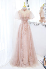 Prom, Pink Tulle Long A-Line Prom Dress, Pink Short Sleeve Evening Party Dress