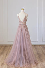 Country Wedding, Pink Tulle Long A-Line Prom Dress, Pink Spaghetti Formal Dress with Beaded
