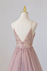 Flower Girl Dress, Pink Tulle Long A-Line Prom Dress, Pink Spaghetti Formal Dress with Beaded