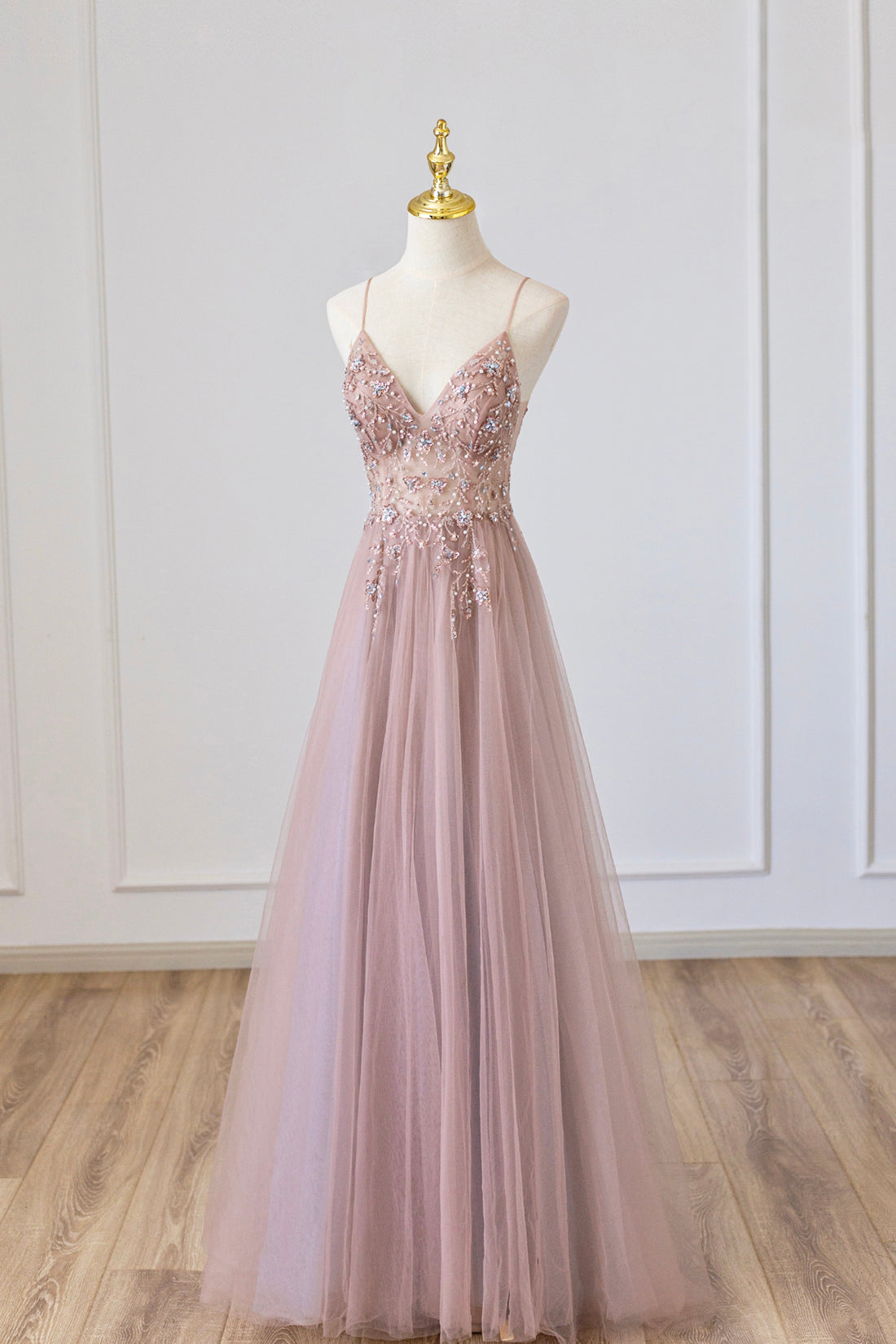 Groomsmen Attire, Pink Tulle Long A-Line Prom Dress, Pink Spaghetti Formal Dress with Beaded