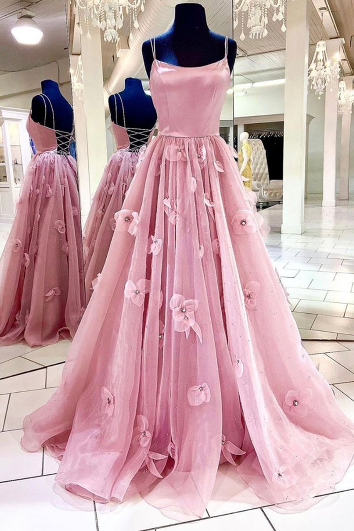 Bridesmaids Dress Websites, Pink Tulle Long A-Line Prom Dress, Pink Spaghetti Strap Backless Evening Dress