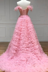 Homecoming Dresses Online, Pink Tulle Long A-Line Prom Dress, Pink Sweetheart Neckline Evening Gown