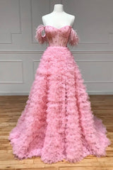 Homecoming Dresses Pretty, Pink Tulle Long A-Line Prom Dress, Pink Sweetheart Neckline Evening Gown