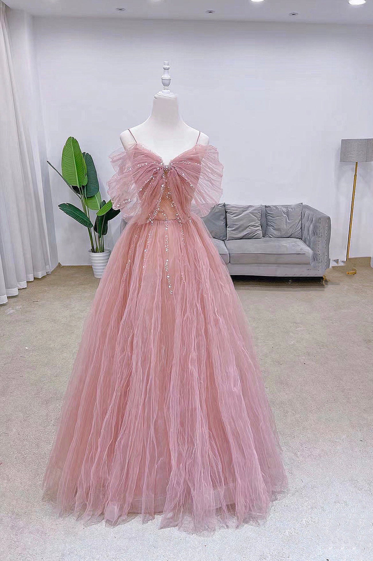 Prom Dresses 2018, Pink Tulle Long A-Line Prom Dress with Bow, Pink Evening Graduation Dress