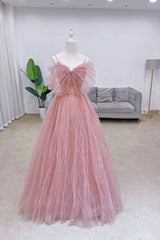 Prom Dresses 2018, Pink Tulle Long A-Line Prom Dress with Bow, Pink Evening Graduation Dress