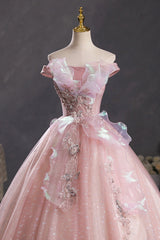 Summer Wedding, Pink Tulle Long A-Line Prom Dress with Lace, Off Shoulder Sweet 16 Dress