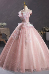 Bridal Shoes, Pink Tulle Long A-Line Prom Dress with Lace, Off Shoulder Sweet 16 Dress