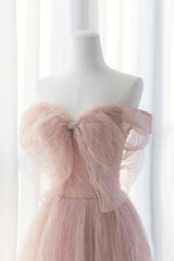 Party Dresses Designer, Pink Tulle Long A-Line Prom Dresses, Pink Evening Dresses with Bow