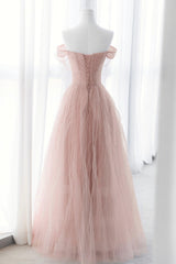 Party Dress Designer, Pink Tulle Long A-Line Prom Dresses, Pink Evening Dresses with Bow