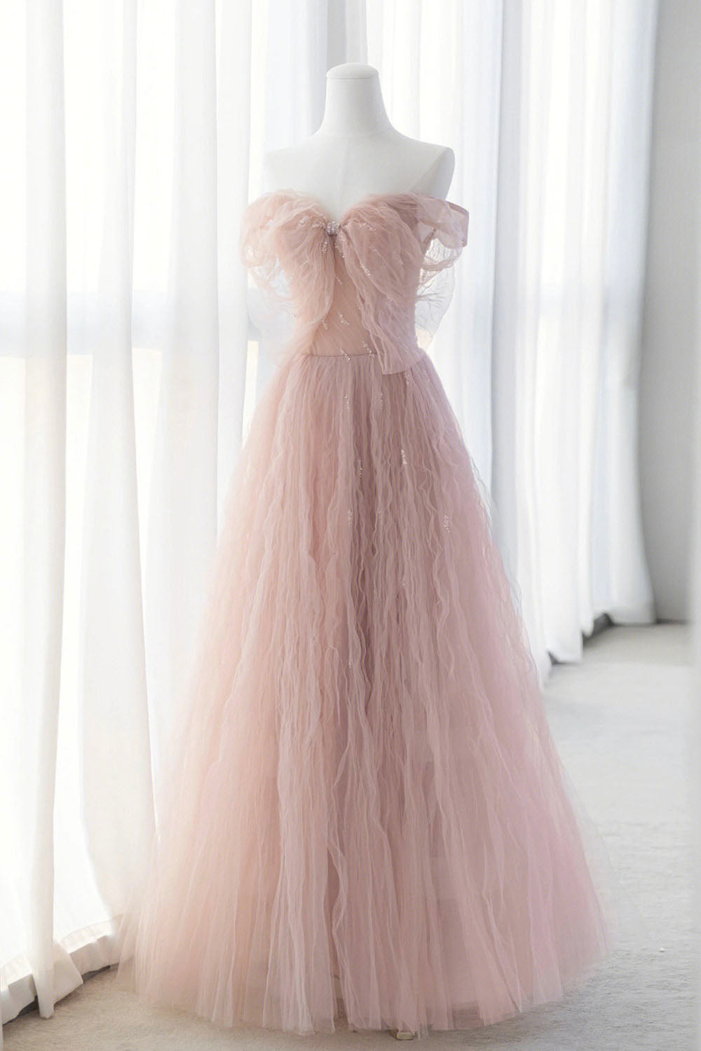 Party Dress Code, Pink Tulle Long A-Line Prom Dresses, Pink Evening Dresses with Bow