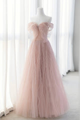 Party Dress Code, Pink Tulle Long A-Line Prom Dresses, Pink Evening Dresses with Bow