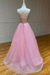 Bridesmaid Dress As Wedding Dress, Pink Tulle Long Backless Prom Dress, A-Line V Neck Party Dress