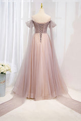 Prom Dress Places Near Me, Pink Tulle Off the Shoulder Prom Dress with Beaded, A-Line Formal Evening Dress