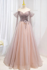 Prom Dresses With Short, Pink Tulle Off the Shoulder Prom Dress with Beaded, A-Line Formal Evening Dress