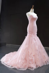 Wedding Dresses Beach, Pink Tulle Prom Dresses Sweetheart Mermaid Long Formal Dress with Ruffles,Wedding Party Dresses
