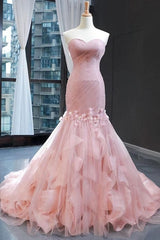 Wedding Dress Outfit, Pink Tulle Prom Dresses Sweetheart Mermaid Long Formal Dress with Ruffles,Wedding Party Dresses