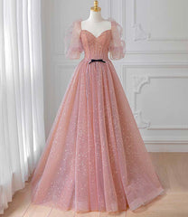 Prom Dresses Ideas, Pink Tulle Puffy Sleeves Long Prom Dress, Pink A-line Evening Dresses