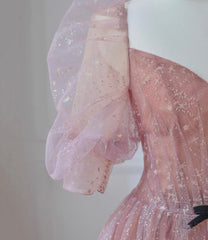 Prom Dress Unique, Pink Tulle Puffy Sleeves Long Prom Dress, Pink A-line Evening Dresses