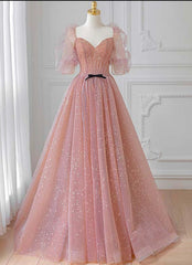 Prom Dresses 2028, Pink Tulle Puffy Sleeves Long Prom Dress, Pink A-line Evening Dresses