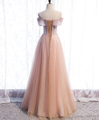 Homecoming Dress Fitted, Pink Tulle Sequin Beads Long Prom Dress, Pink Tulle Formal Dresses