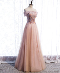 Homecoming Dresses Fitted, Pink Tulle Sequin Beads Long Prom Dress, Pink Tulle Formal Dresses