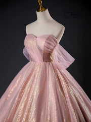 Bridesmaid Dress Style Long, Pink Tulle Sequins Long Prom Dress, Pink Tulle Long Formal Evening Gowns