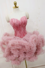 Homecoming Dress Shopping Near Me, Pink Tulle Short Prom Dress with Feather, Chic Pink Strapless Party Dress