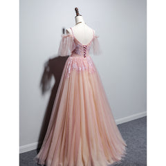 Party Dresses Designs, Pink Tulle V-neckline Floral Long Prom Dress, Pink Straps Party Dress