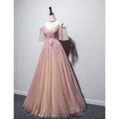 Party Dresses Teens, Pink Tulle V-neckline Floral Long Prom Dress, Pink Straps Party Dress