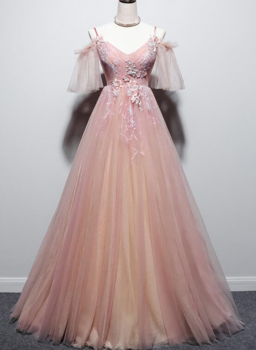 Party Dress Designer, Pink Tulle V-neckline Floral Long Prom Dress, Pink Straps Party Dress