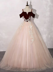 Prom Dress Gown, Pink Tulle with Velvet Top Long Party Dress Prom Dres, Ball Gown Sweet 16 Dresses