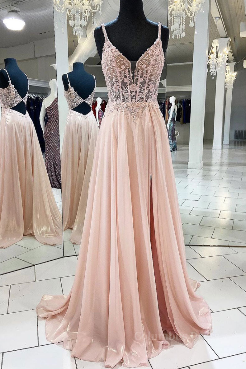 Homecomeing Dresses Black, Pink v neck lace chiffon long prom dress, pink formal dress