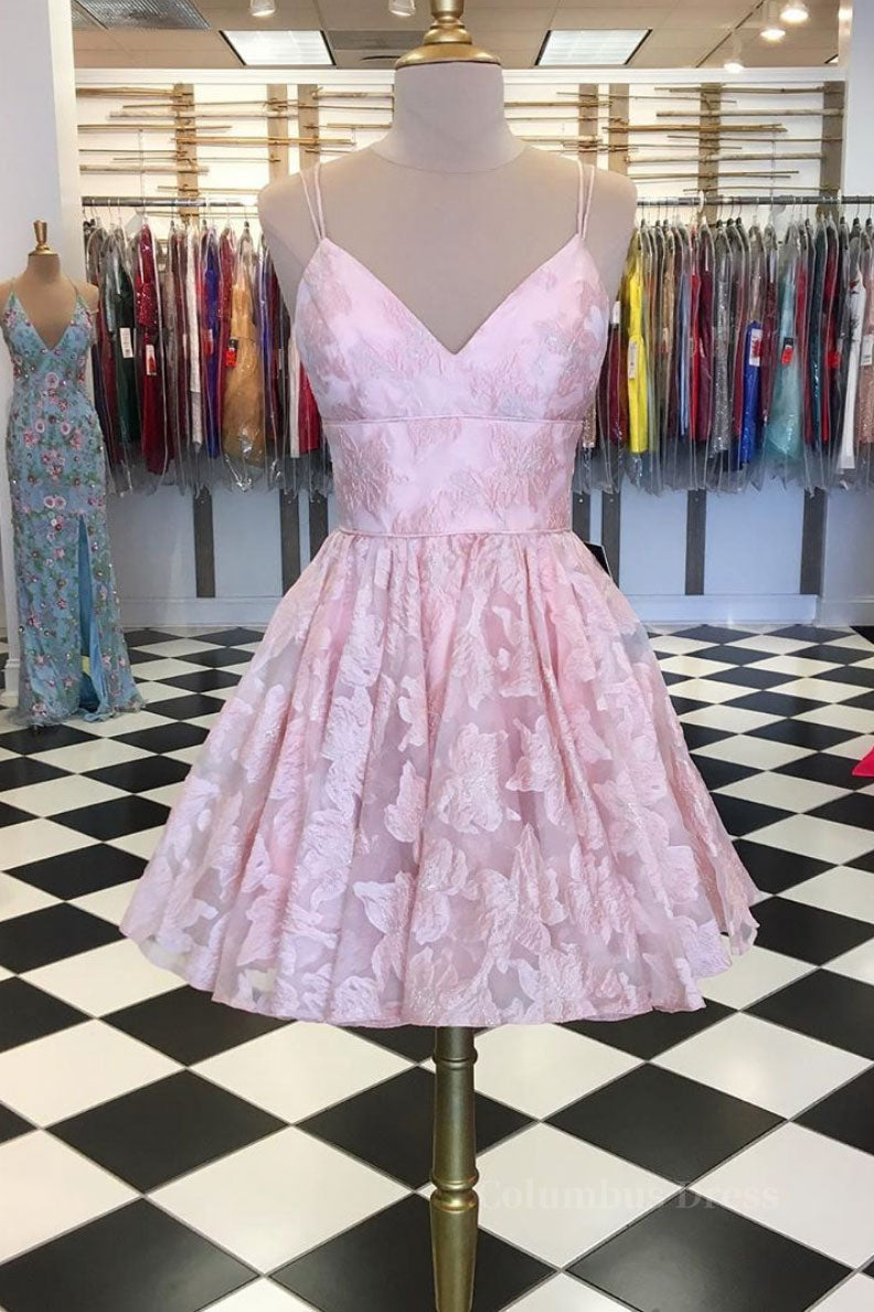 Homecoming Dresses 2019, Pink v neck lace short prom dress, pink lace homecoming dress