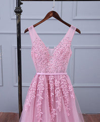 Evening Dresses Elegant, Pink V Neck Lace Tulle Long Prom Dress, Lace Evening Dresses