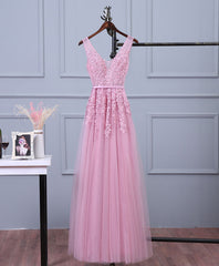 Evening Dresses For Weddings, Pink V Neck Lace Tulle Long Prom Dress, Lace Evening Dresses