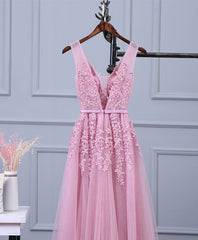 Evening Dresses Wholesale, Pink V Neck Lace Tulle Long Prom Dress, Lace Evening Dresses