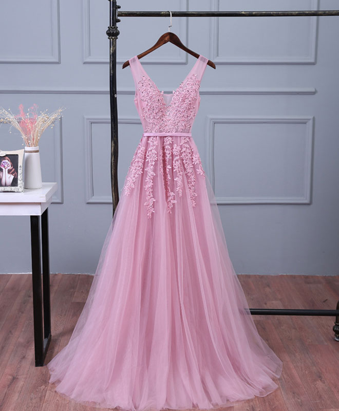 Evening Dresses Boutique, Pink V Neck Lace Tulle Long Prom Dress, Lace Evening Dresses